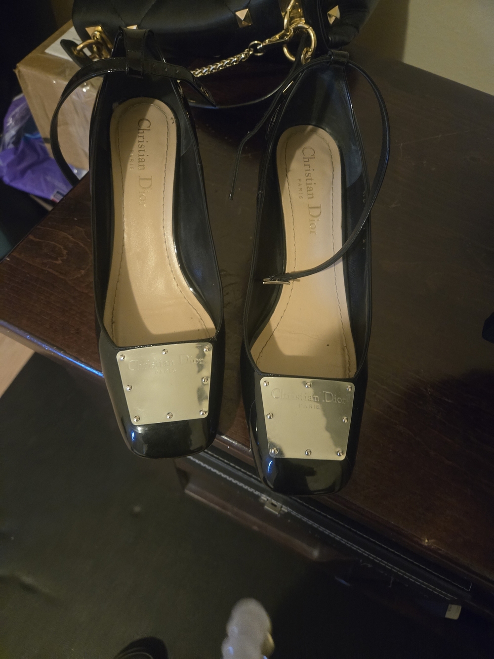 Dior Black Patent Leather Ankle-Strap Pumps with Gold Plate